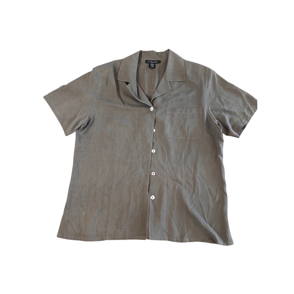 Silkland Woman 1X 100% Pure Silk Blouse Gray Short Sleeve Button Up Plus Size